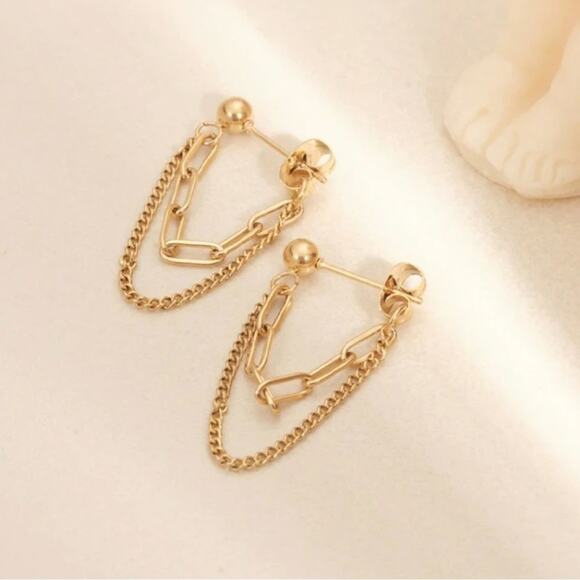 NEW 18K yellow gold plated double chain dangle drop earrings jewelry B25A - Picture 5 of 10